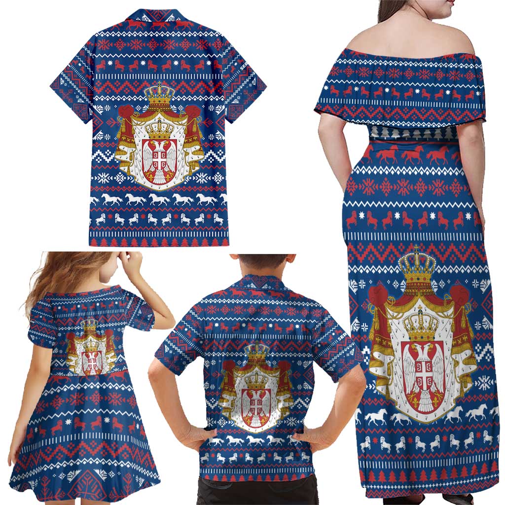Serbia Christmas Family Matching Off Shoulder Maxi Dress and Hawaiian Shirt with Traditional Santa Eagle Serbian Coat of Arms and Blue Red White Folk Pattern Design - Wonder Print Shop
