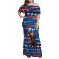 Serbia Christmas Family Matching Off Shoulder Maxi Dress and Hawaiian Shirt with Traditional Santa Eagle Serbian Coat of Arms and Blue Red White Folk Pattern Design - Wonder Print Shop