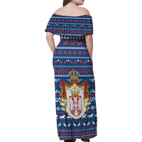 Serbia Christmas Family Matching Off Shoulder Maxi Dress and Hawaiian Shirt with Traditional Santa Eagle Serbian Coat of Arms and Blue Red White Folk Pattern Design - Wonder Print Shop