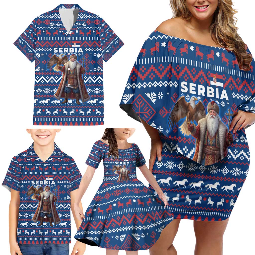 Serbia Christmas Family Matching Off Shoulder Short Dress and Hawaiian Shirt with Traditional Santa Eagle Serbian Coat of Arms and Blue Red White Folk Pattern Design - Wonder Print Shop