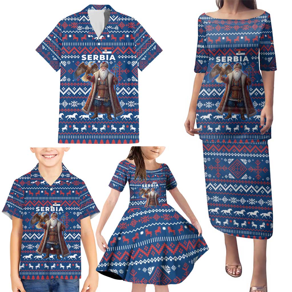Serbia Christmas Family Matching Puletasi and Hawaiian Shirt with Traditional Santa Eagle Serbian Coat of Arms and Blue Red White Folk Pattern Design - Wonder Print Shop
