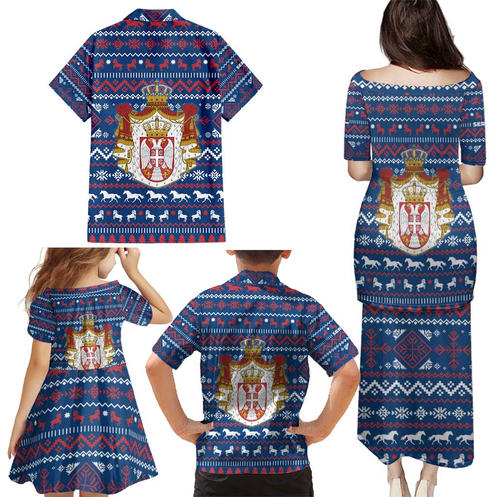 Serbia Christmas Family Matching Puletasi and Hawaiian Shirt with Traditional Santa Eagle Serbian Coat of Arms and Blue Red White Folk Pattern Design - Wonder Print Shop