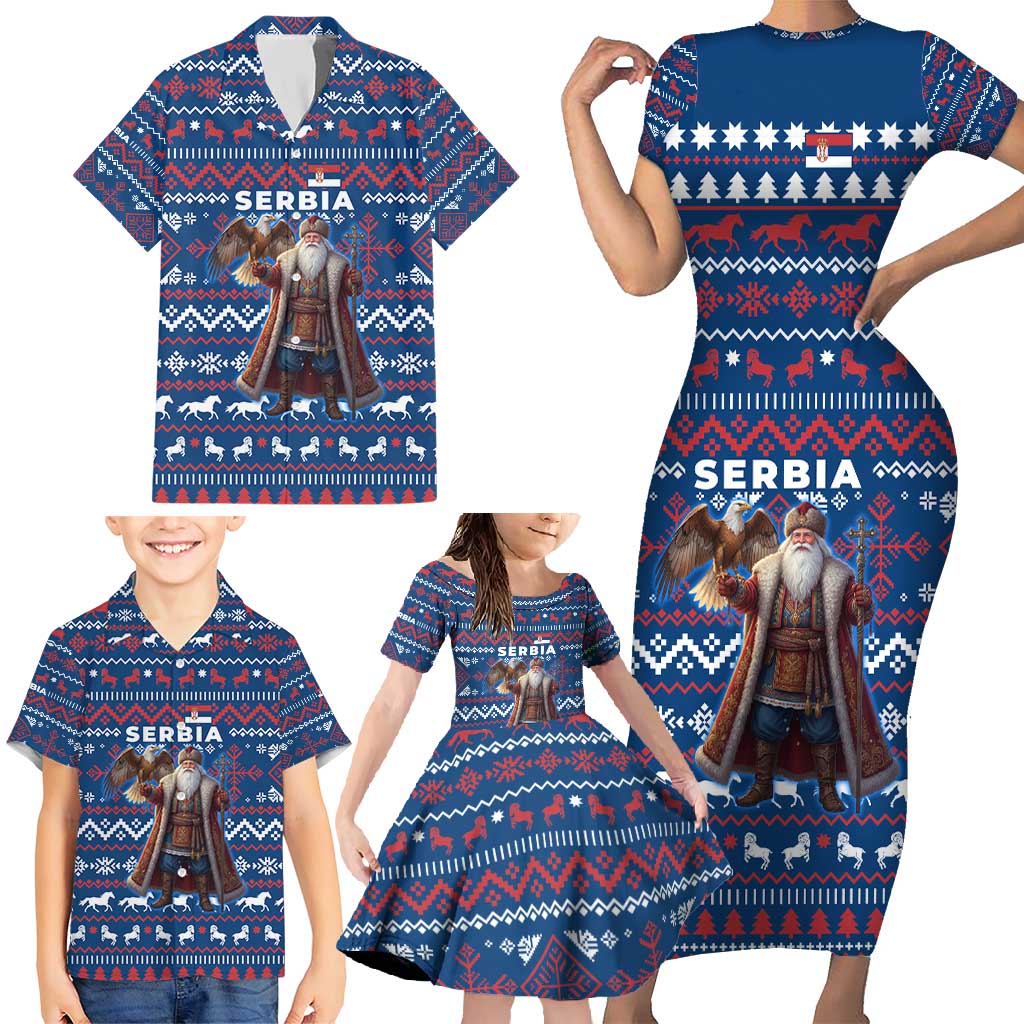 Serbia Christmas Family Matching Short Sleeve Bodycon Dress and Hawaiian Shirt with Traditional Santa Eagle Serbian Coat of Arms and Blue Red White Folk Pattern Design - Wonder Print Shop