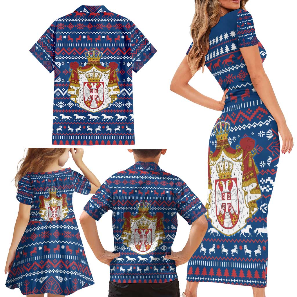 Serbia Christmas Family Matching Short Sleeve Bodycon Dress and Hawaiian Shirt with Traditional Santa Eagle Serbian Coat of Arms and Blue Red White Folk Pattern Design - Wonder Print Shop