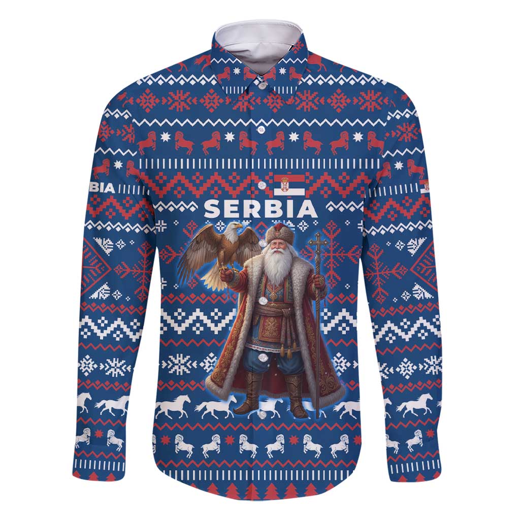 Serbia Christmas Family Matching Short Sleeve Bodycon Dress and Hawaiian Shirt with Traditional Santa Eagle Serbian Coat of Arms and Blue Red White Folk Pattern Design - Wonder Print Shop