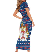 Serbia Christmas Family Matching Short Sleeve Bodycon Dress and Hawaiian Shirt with Traditional Santa Eagle Serbian Coat of Arms and Blue Red White Folk Pattern Design - Wonder Print Shop