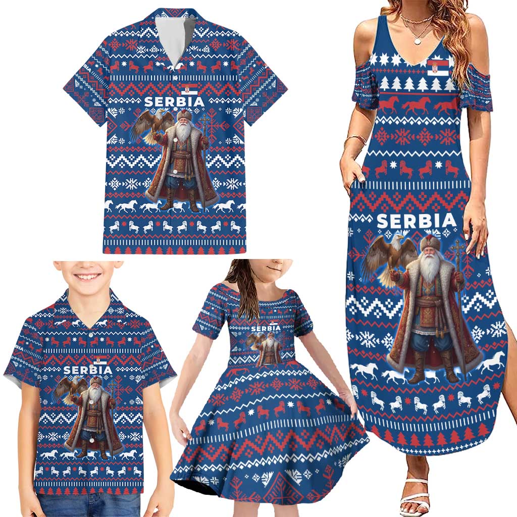 Serbia Christmas Family Matching Summer Maxi Dress and Hawaiian Shirt with Traditional Santa Eagle Serbian Coat of Arms and Blue Red White Folk Pattern Design - Wonder Print Shop