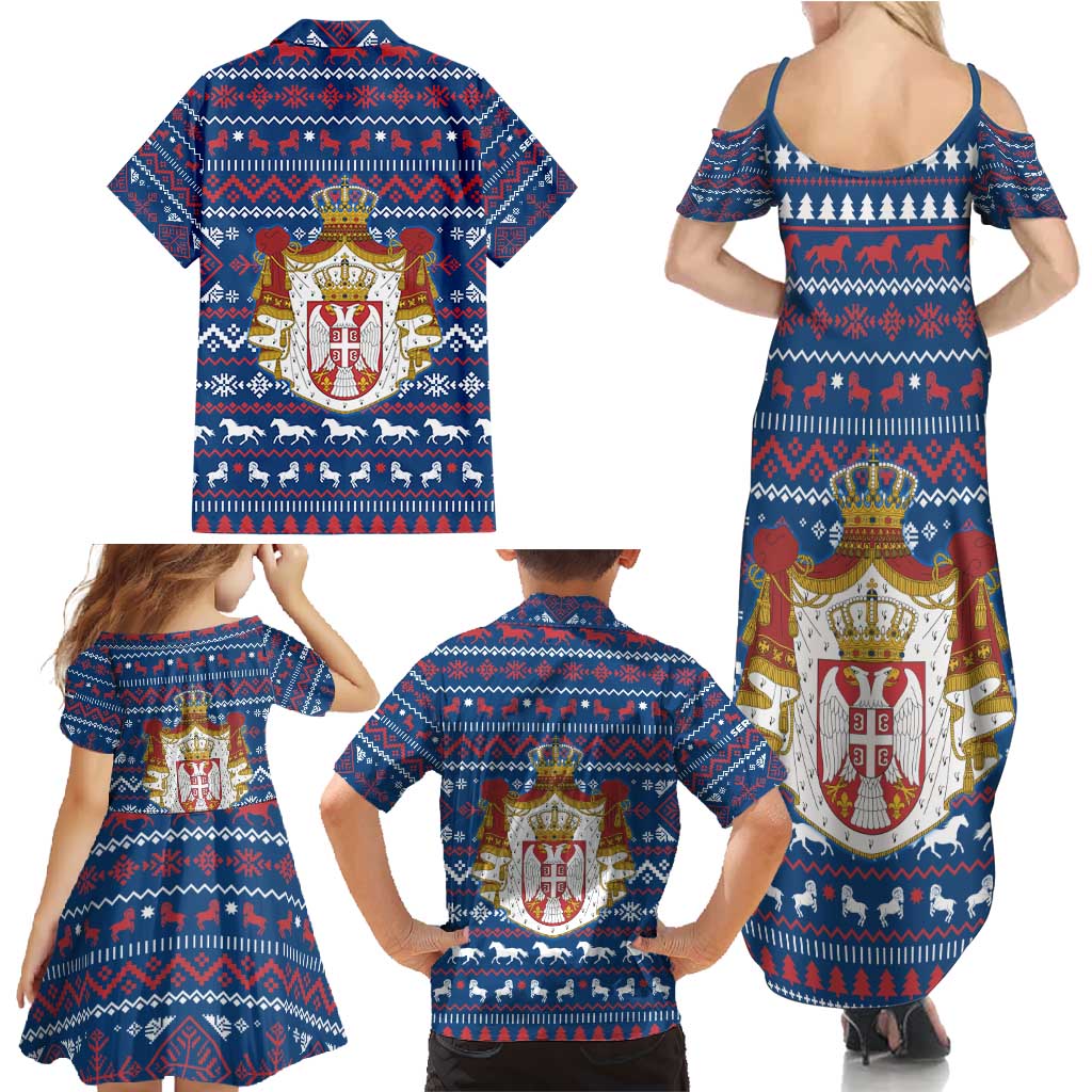 Serbia Christmas Family Matching Summer Maxi Dress and Hawaiian Shirt with Traditional Santa Eagle Serbian Coat of Arms and Blue Red White Folk Pattern Design - Wonder Print Shop