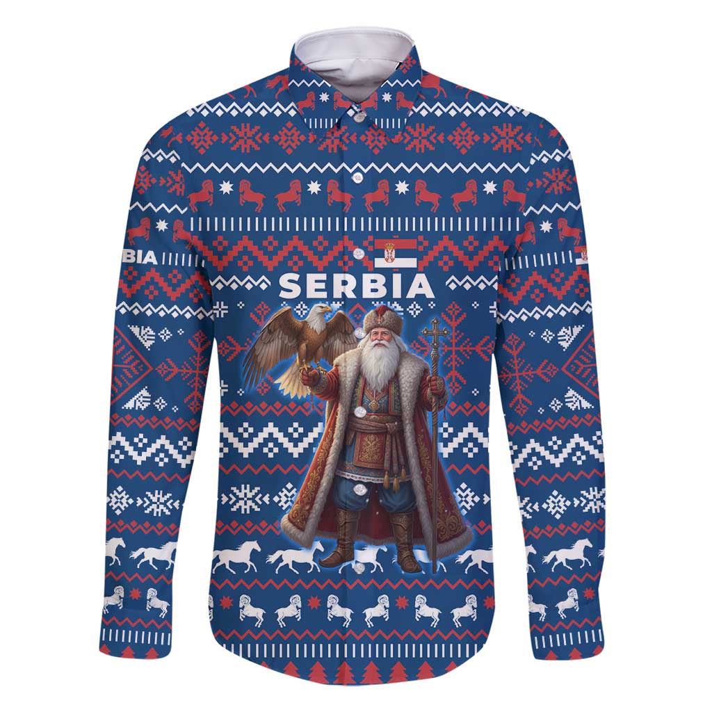 Serbia Christmas Family Matching Summer Maxi Dress and Hawaiian Shirt with Traditional Santa Eagle Serbian Coat of Arms and Blue Red White Folk Pattern Design - Wonder Print Shop