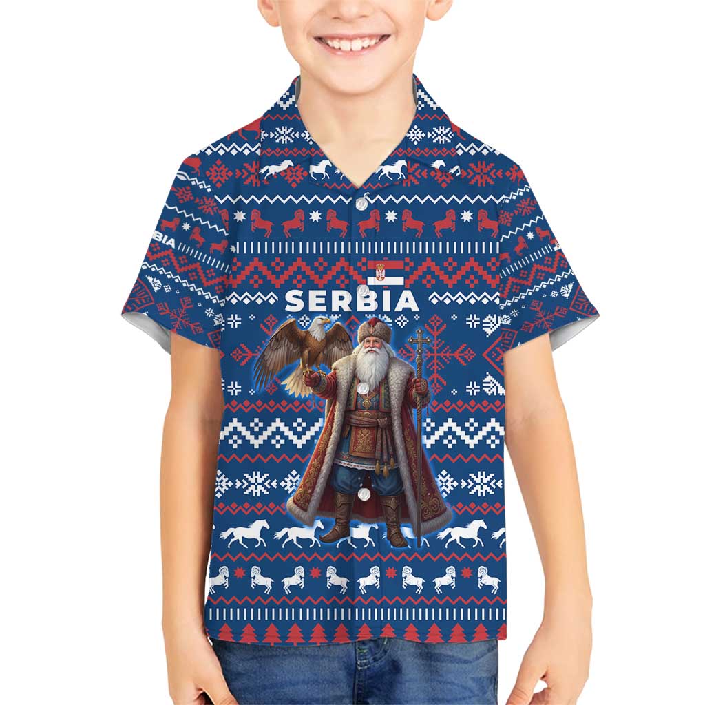 Serbia Christmas Family Matching Summer Maxi Dress and Hawaiian Shirt with Traditional Santa Eagle Serbian Coat of Arms and Blue Red White Folk Pattern Design - Wonder Print Shop