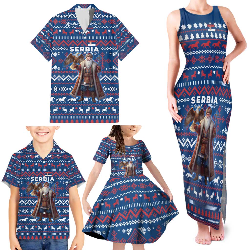 Serbia Christmas Family Matching Tank Maxi Dress and Hawaiian Shirt with Traditional Santa Eagle Serbian Coat of Arms and Blue Red White Folk Pattern Design - Wonder Print Shop