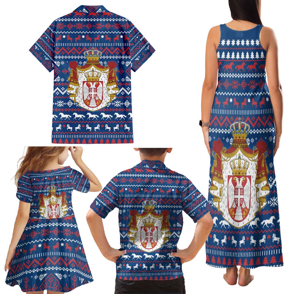 Serbia Christmas Family Matching Tank Maxi Dress and Hawaiian Shirt with Traditional Santa Eagle Serbian Coat of Arms and Blue Red White Folk Pattern Design - Wonder Print Shop