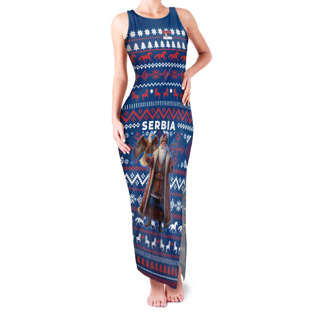 Serbia Christmas Family Matching Tank Maxi Dress and Hawaiian Shirt with Traditional Santa Eagle Serbian Coat of Arms and Blue Red White Folk Pattern Design - Wonder Print Shop
