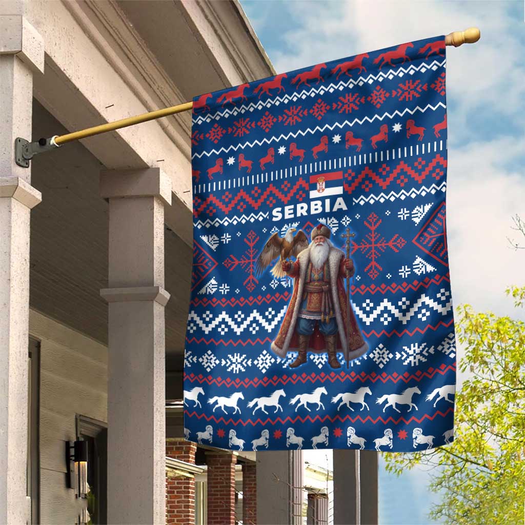 Serbia Christmas Garden Flag with Traditional Santa Eagle Serbian Coat of Arms and Blue Red White Folk Pattern Design - Wonder Print Shop