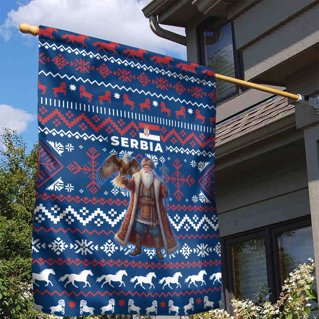 Serbia Christmas Garden Flag with Traditional Santa Eagle Serbian Coat of Arms and Blue Red White Folk Pattern Design - Wonder Print Shop