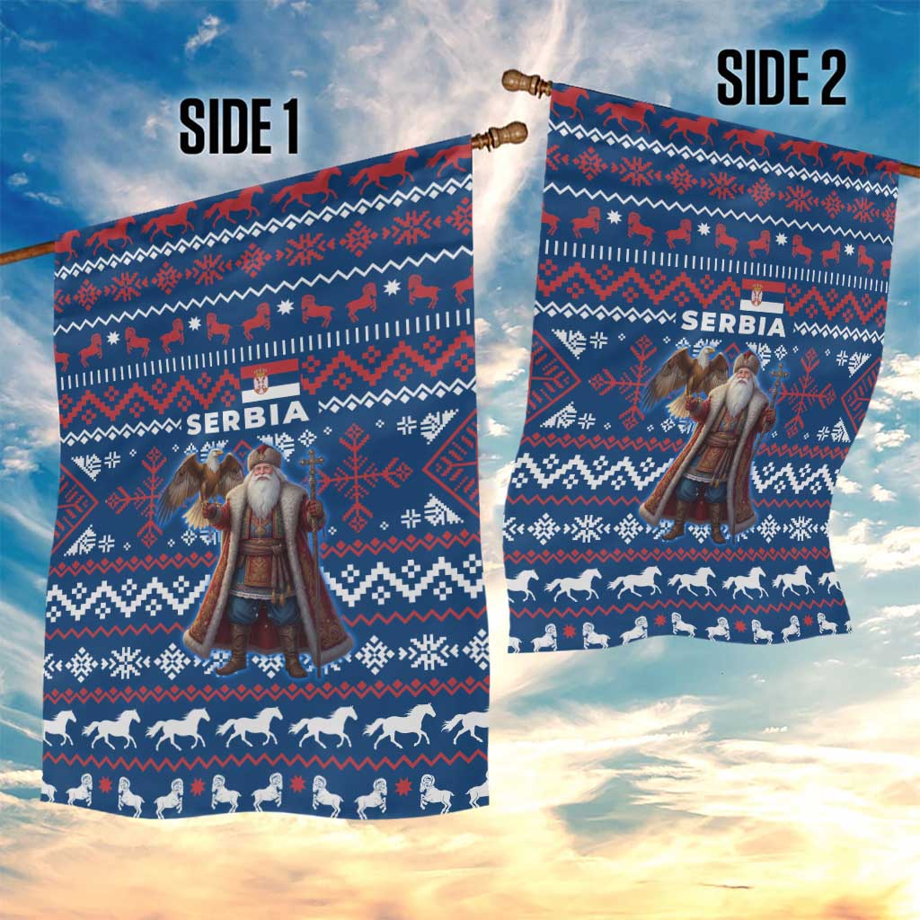 Serbia Christmas Garden Flag with Traditional Santa Eagle Serbian Coat of Arms and Blue Red White Folk Pattern Design - Wonder Print Shop