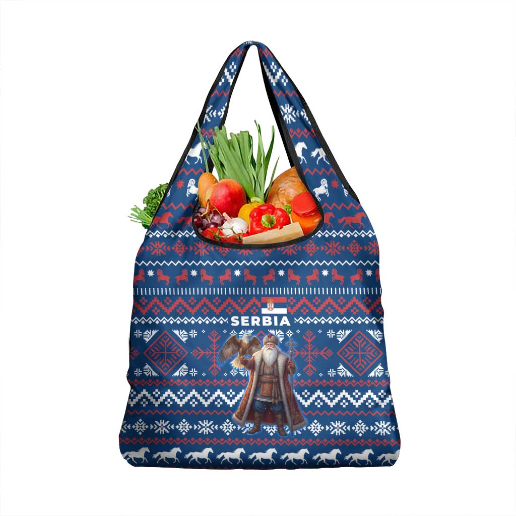 Serbia Christmas Grocery Bag with Traditional Santa Eagle Serbian Coat of Arms and Blue Red White Folk Pattern Design - Wonder Print Shop