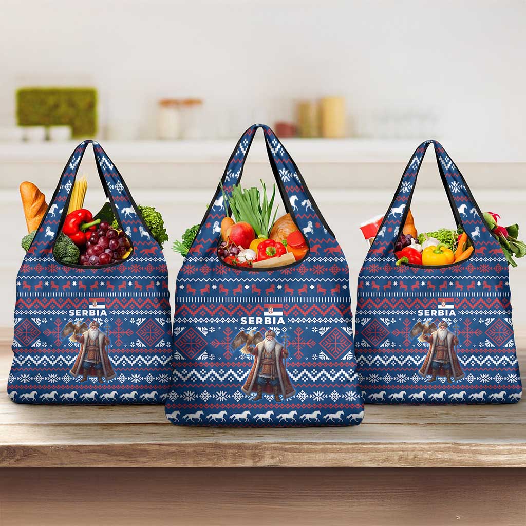 Serbia Christmas Grocery Bag with Traditional Santa Eagle Serbian Coat of Arms and Blue Red White Folk Pattern Design - Wonder Print Shop