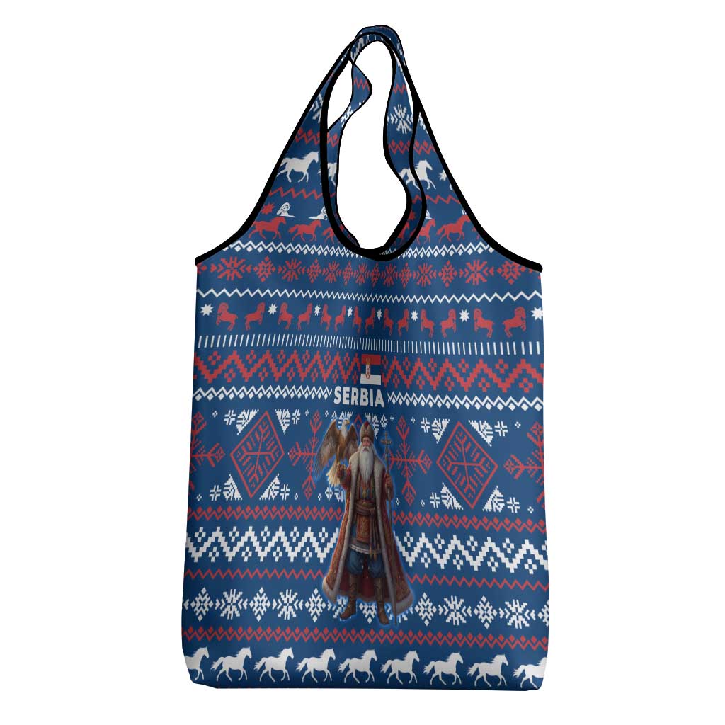 Serbia Christmas Grocery Bag with Traditional Santa Eagle Serbian Coat of Arms and Blue Red White Folk Pattern Design - Wonder Print Shop