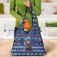 Serbia Christmas Grocery Bag with Traditional Santa Eagle Serbian Coat of Arms and Blue Red White Folk Pattern Design - Wonder Print Shop
