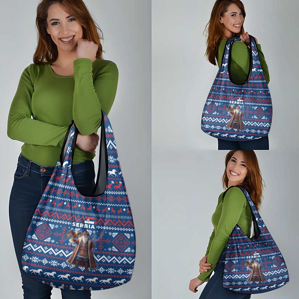 Serbia Christmas Grocery Bag with Traditional Santa Eagle Serbian Coat of Arms and Blue Red White Folk Pattern Design - Wonder Print Shop