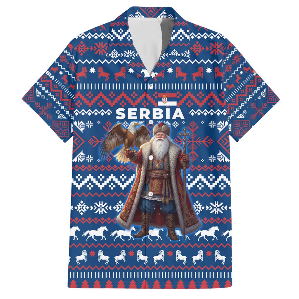 Serbia Christmas Hawaiian Shirt with Traditional Santa Eagle Serbian Coat of Arms and Blue Red White Folk Pattern Design - Wonder Print Shop