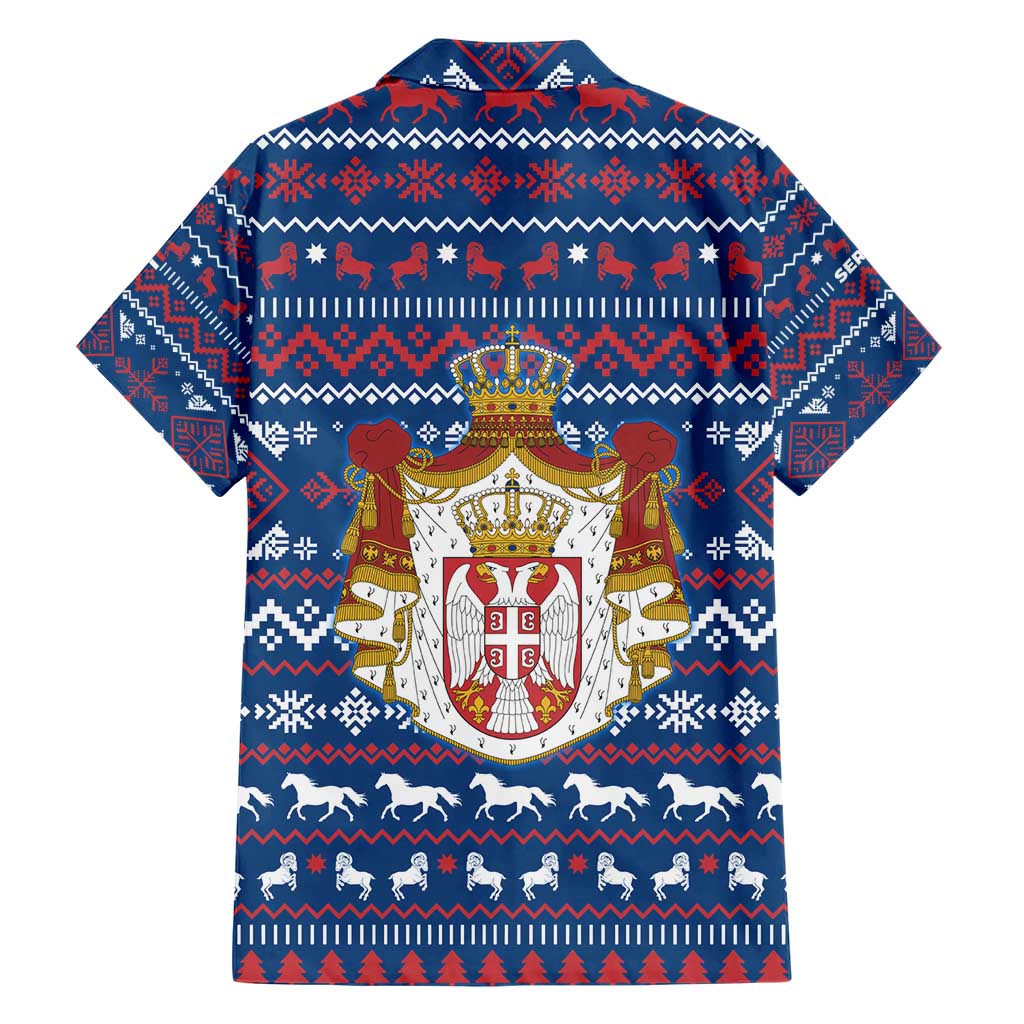 Serbia Christmas Hawaiian Shirt with Traditional Santa Eagle Serbian Coat of Arms and Blue Red White Folk Pattern Design - Wonder Print Shop