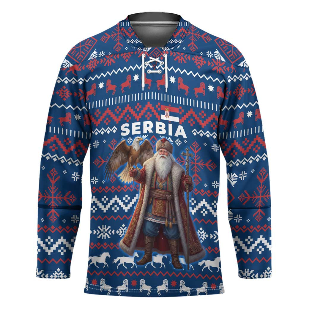 Serbia Christmas Hockey Jersey with Traditional Santa Eagle Serbian Coat of Arms and Blue Red White Folk Pattern Design - Wonder Print Shop