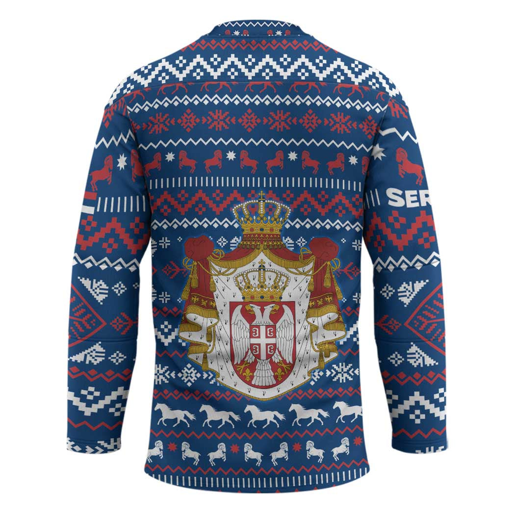 Serbia Christmas Hockey Jersey with Traditional Santa Eagle Serbian Coat of Arms and Blue Red White Folk Pattern Design - Wonder Print Shop