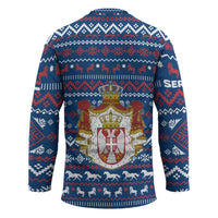 Serbia Christmas Hockey Jersey with Traditional Santa Eagle Serbian Coat of Arms and Blue Red White Folk Pattern Design - Wonder Print Shop