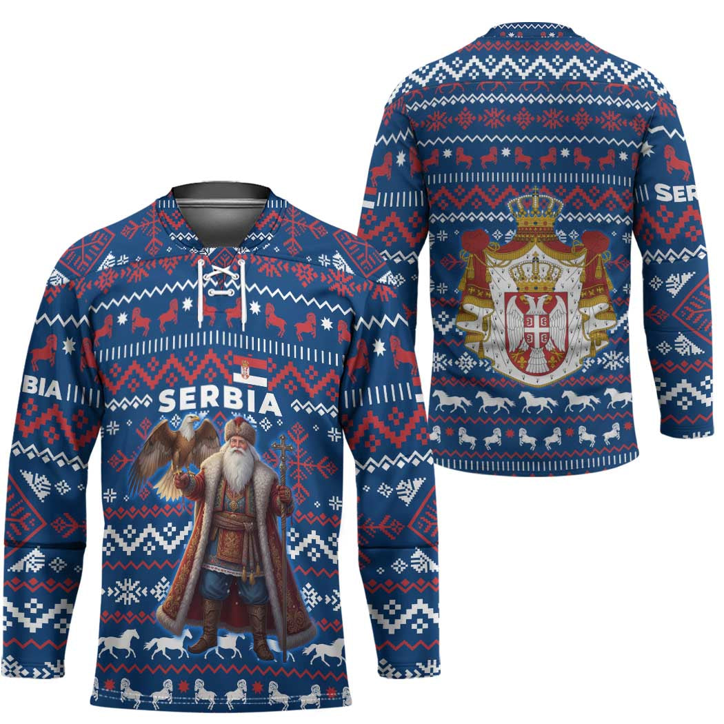 Serbia Christmas Hockey Jersey with Traditional Santa Eagle Serbian Coat of Arms and Blue Red White Folk Pattern Design - Wonder Print Shop