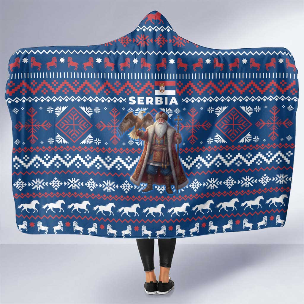 Serbia Christmas Hooded Blanket with Traditional Santa Eagle Serbian Coat of Arms and Blue Red White Folk Pattern Design - Wonder Print Shop