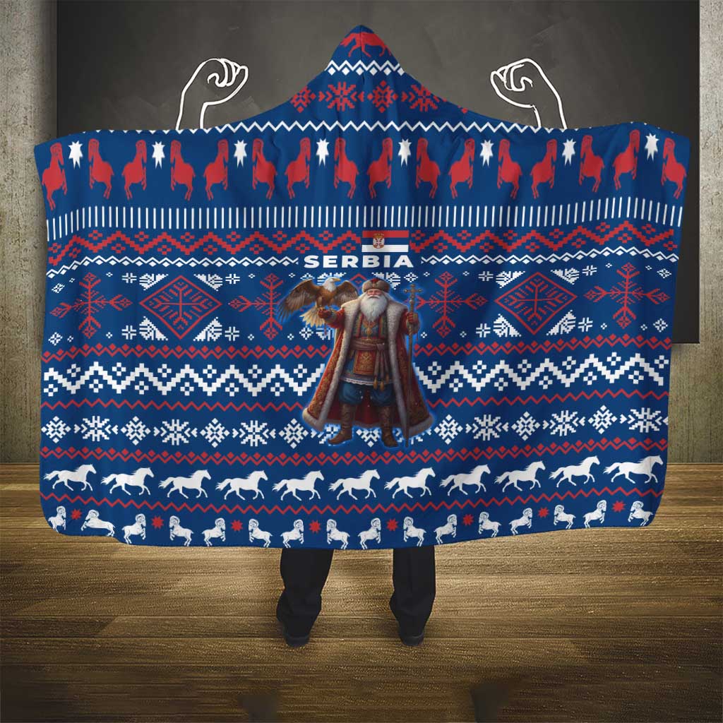 Serbia Christmas Hooded Blanket with Traditional Santa Eagle Serbian Coat of Arms and Blue Red White Folk Pattern Design - Wonder Print Shop