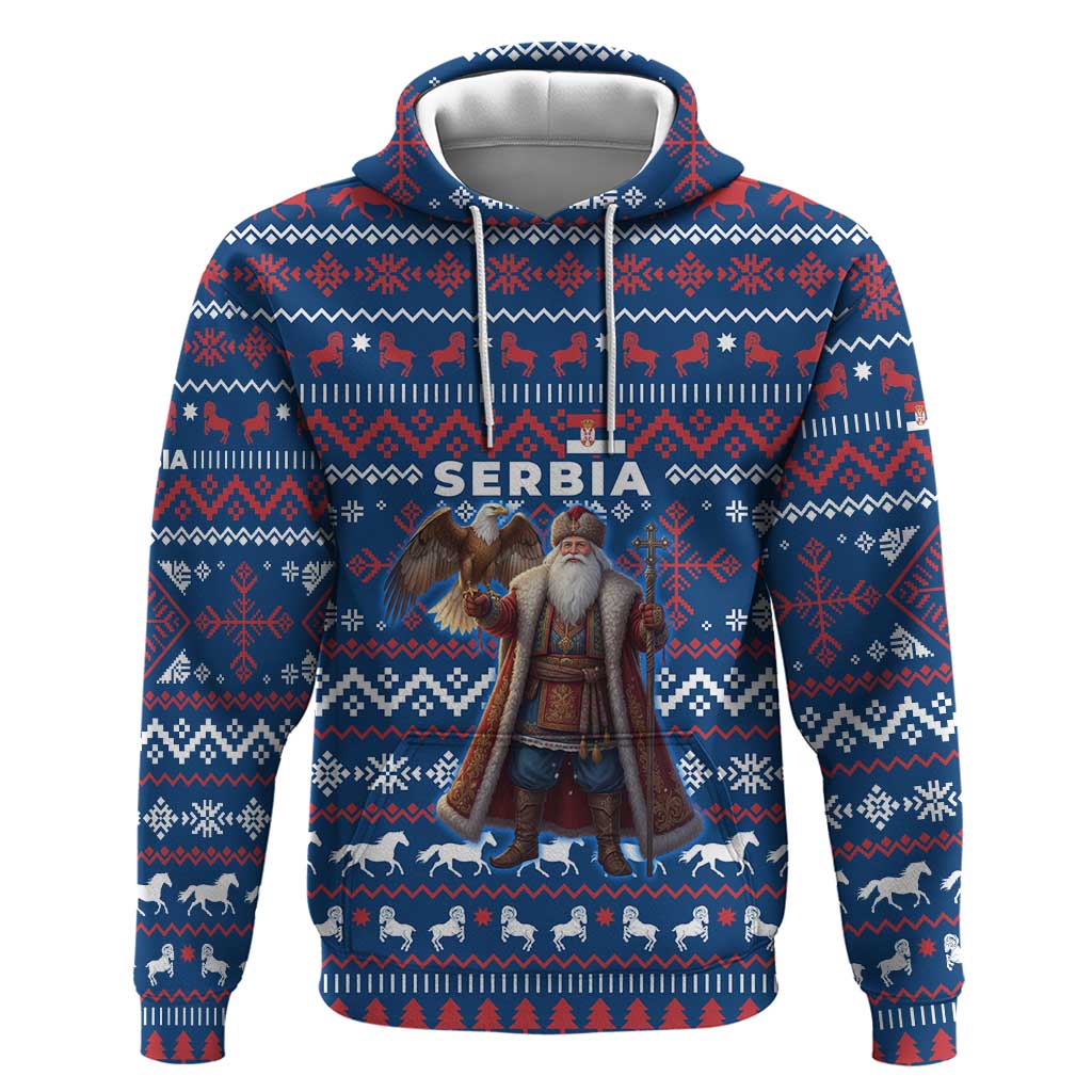 Serbia Christmas Hoodie with Traditional Santa Eagle Serbian Coat of Arms and Blue Red White Folk Pattern Design - Wonder Print Shop