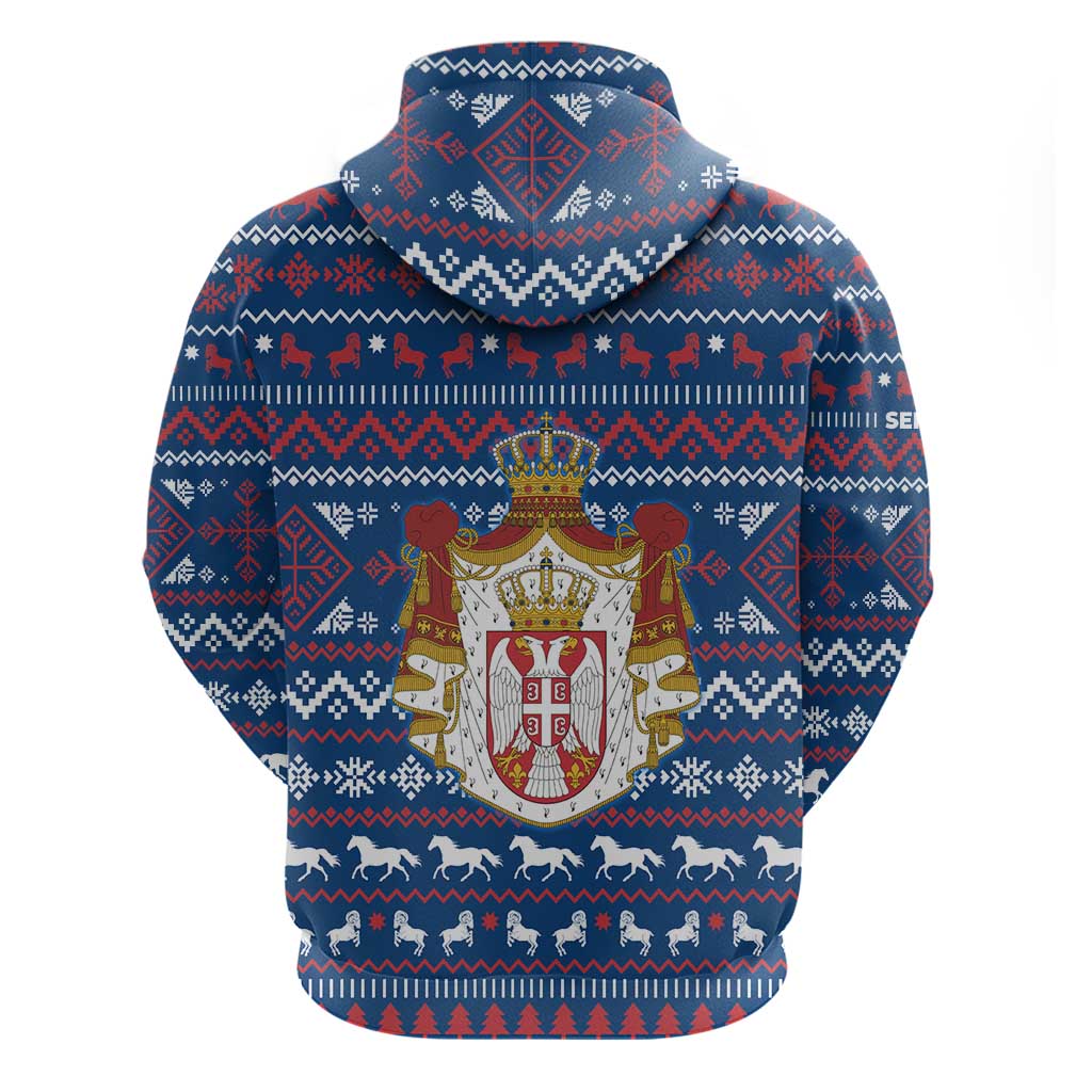 Serbia Christmas Hoodie with Traditional Santa Eagle Serbian Coat of Arms and Blue Red White Folk Pattern Design - Wonder Print Shop