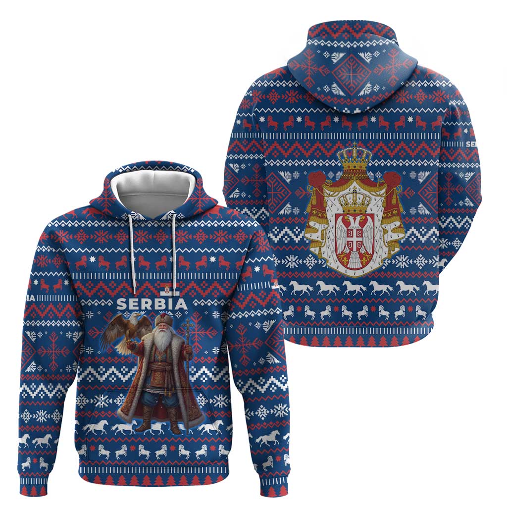 Serbia Christmas Hoodie with Traditional Santa Eagle Serbian Coat of Arms and Blue Red White Folk Pattern Design - Wonder Print Shop