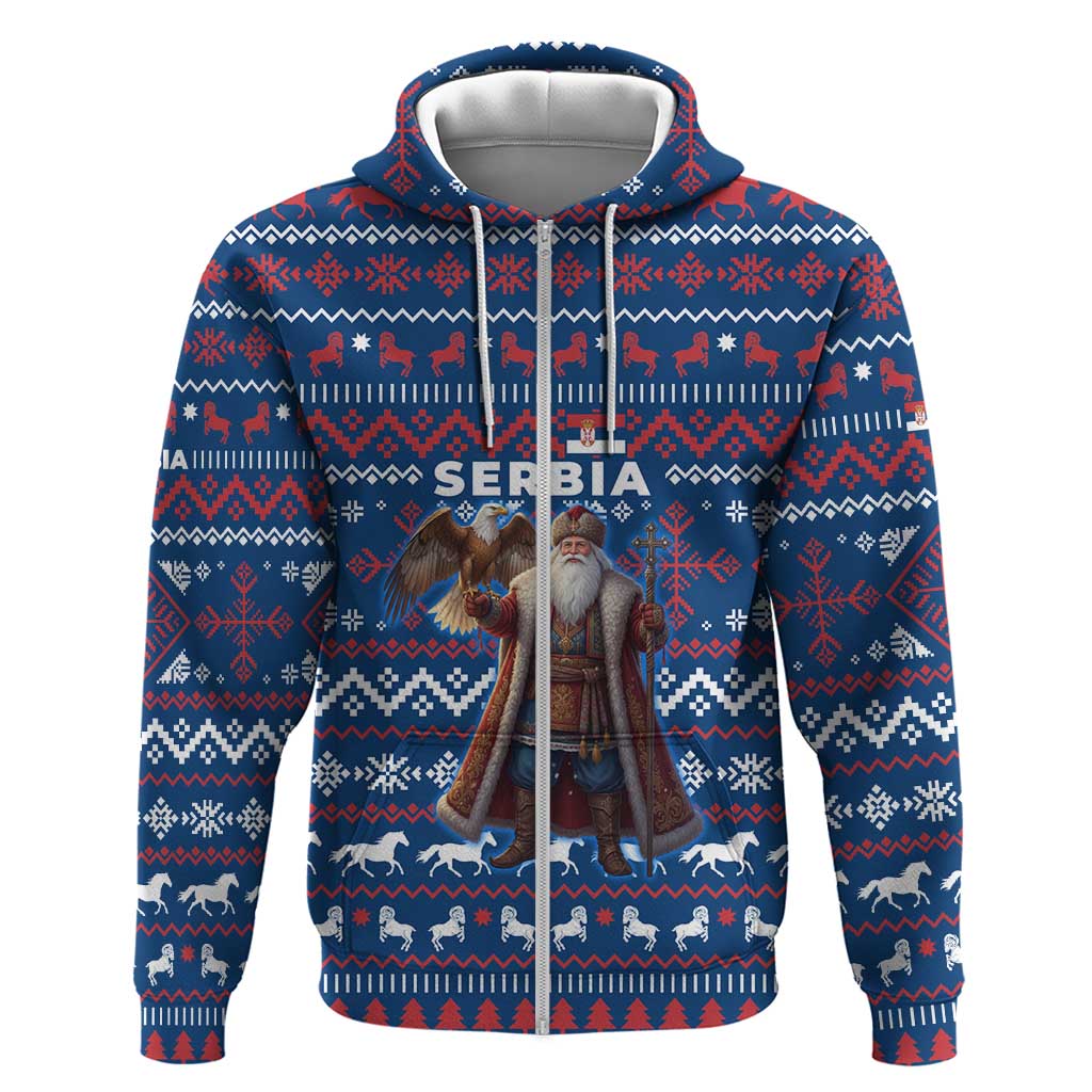 Serbia Christmas Hoodie with Traditional Santa Eagle Serbian Coat of Arms and Blue Red White Folk Pattern Design - Wonder Print Shop
