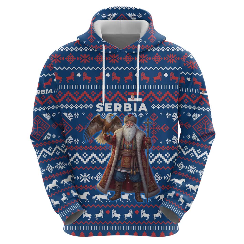 Serbia Christmas Hoodie with Traditional Santa Eagle Serbian Coat of Arms and Blue Red White Folk Pattern Design - Wonder Print Shop