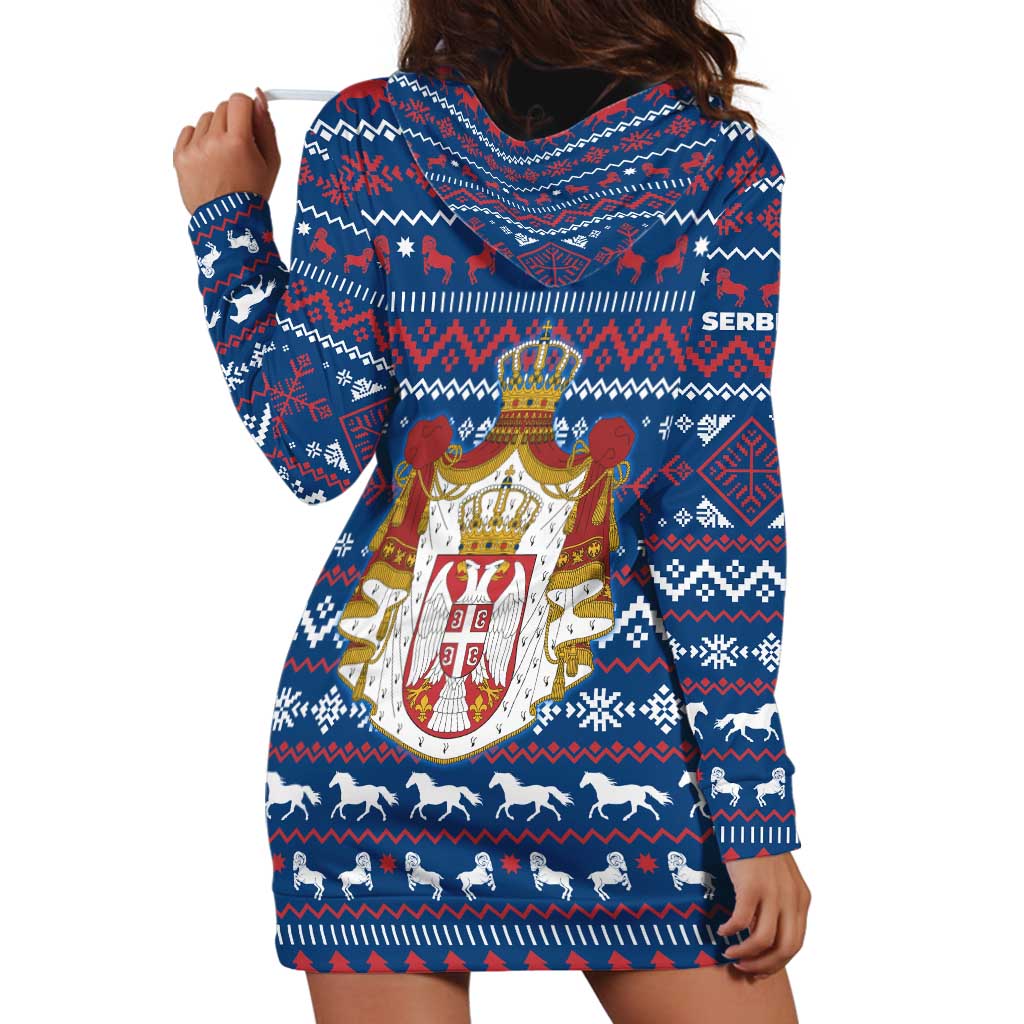 Serbia Christmas Hoodie Dress with Traditional Santa Eagle Serbian Coat of Arms and Blue Red White Folk Pattern Design - Wonder Print Shop