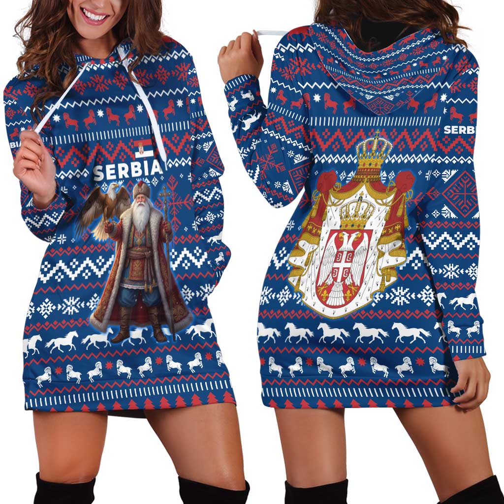 Serbia Christmas Hoodie Dress with Traditional Santa Eagle Serbian Coat of Arms and Blue Red White Folk Pattern Design - Wonder Print Shop