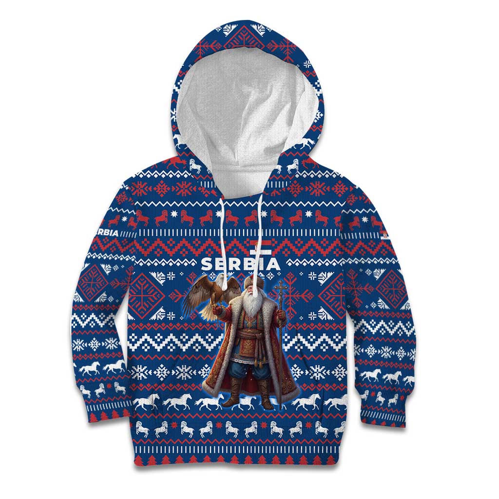 Serbia Christmas Kid Hoodie with Traditional Santa Eagle Serbian Coat of Arms and Blue Red White Folk Pattern Design - Wonder Print Shop
