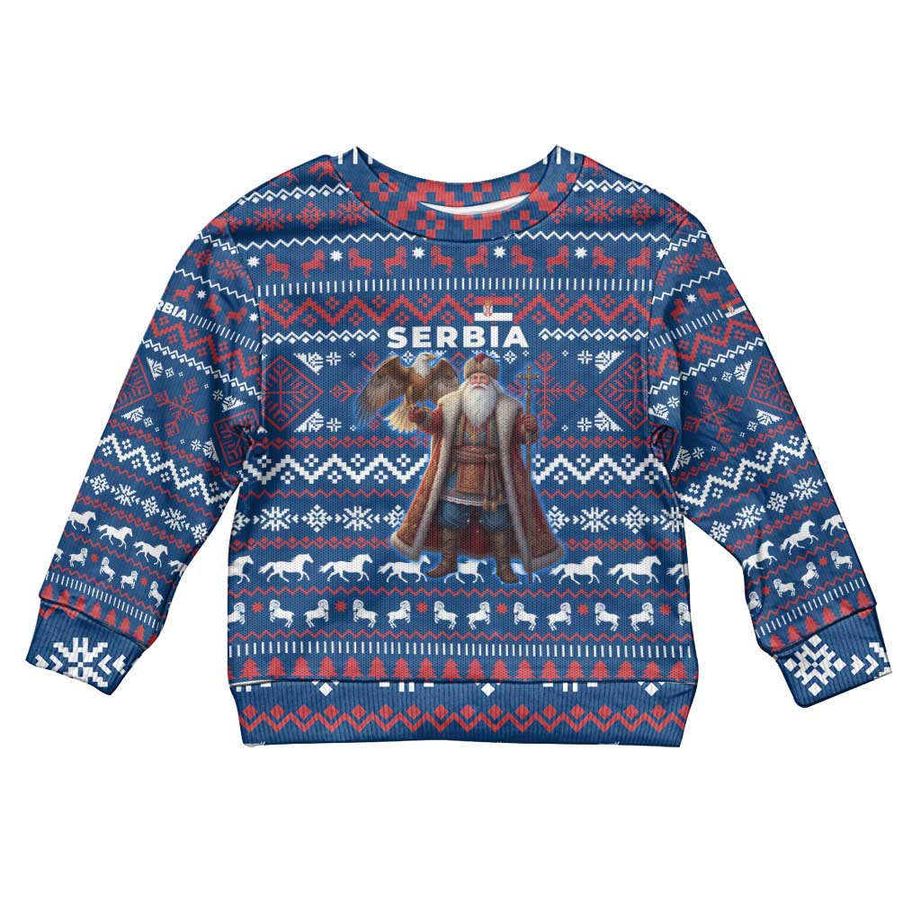 Serbia Christmas Kid Ugly Christmas Sweater with Traditional Santa Eagle Serbian Coat of Arms and Blue Red White Folk Pattern Design - Wonder Print Shop