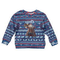 Serbia Christmas Kid Ugly Christmas Sweater with Traditional Santa Eagle Serbian Coat of Arms and Blue Red White Folk Pattern Design - Wonder Print Shop