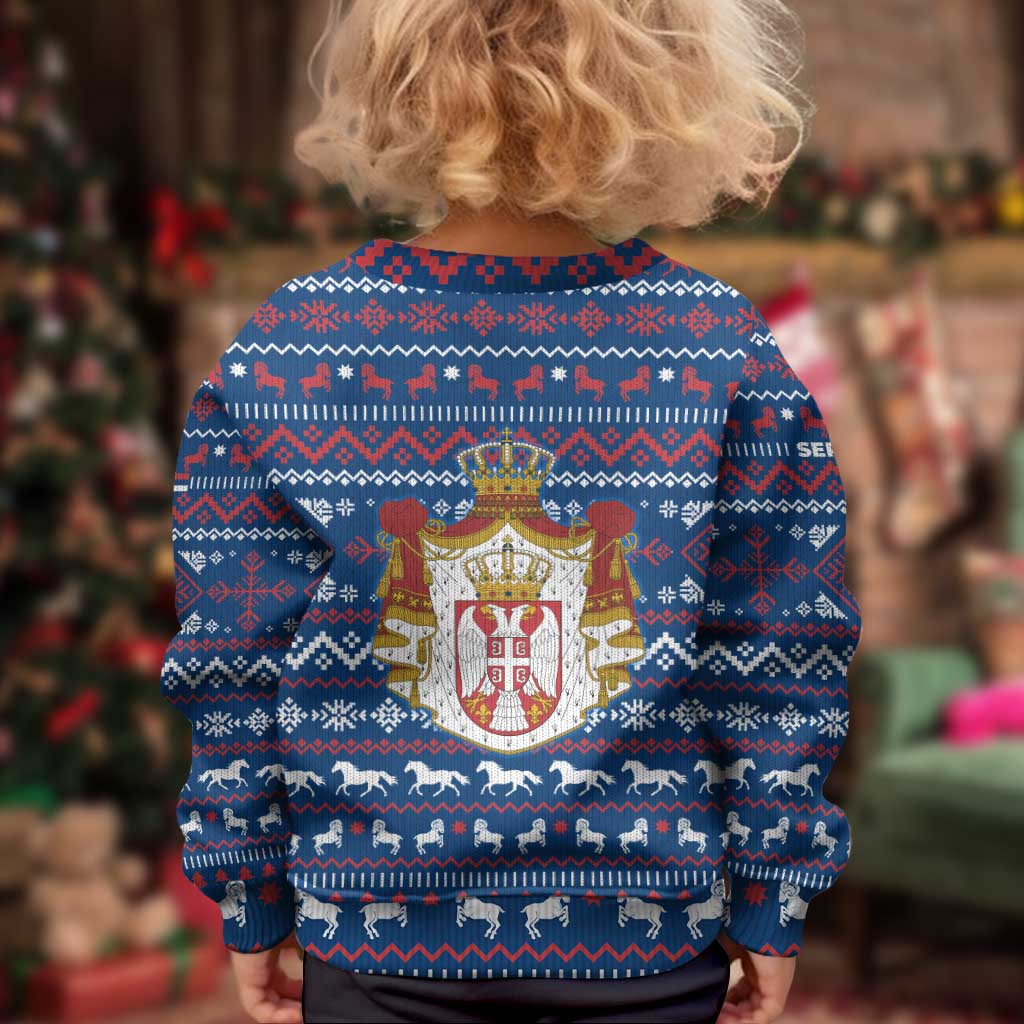 Serbia Christmas Kid Ugly Christmas Sweater with Traditional Santa Eagle Serbian Coat of Arms and Blue Red White Folk Pattern Design - Wonder Print Shop