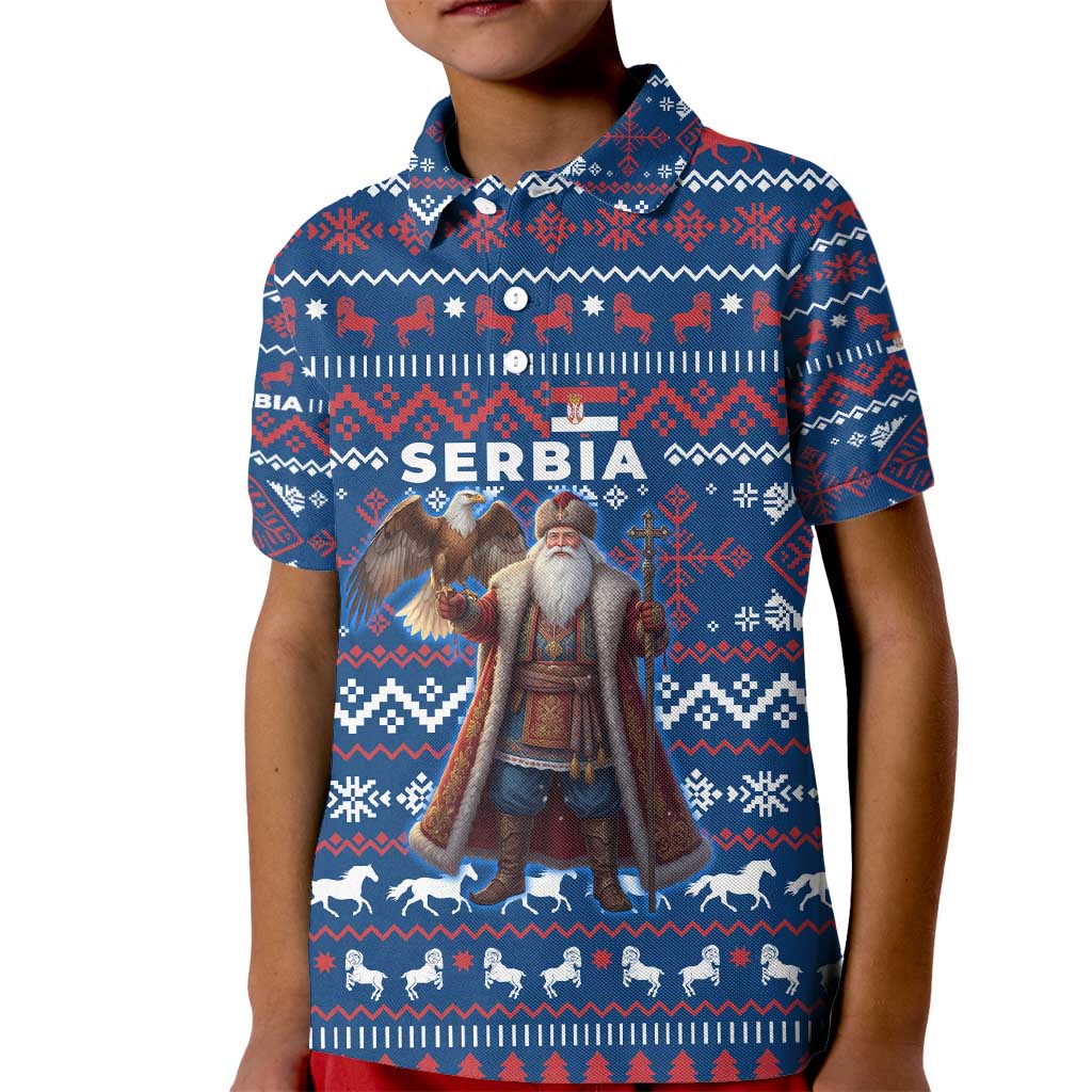 Serbia Christmas Kid Polo Shirt with Traditional Santa Eagle Serbian Coat of Arms and Blue Red White Folk Pattern Design - Wonder Print Shop