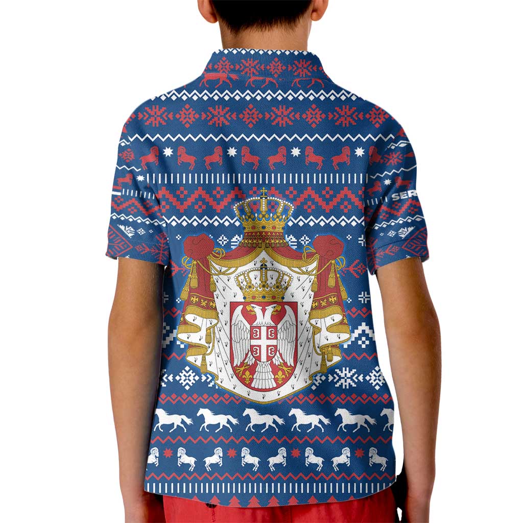 Serbia Christmas Kid Polo Shirt with Traditional Santa Eagle Serbian Coat of Arms and Blue Red White Folk Pattern Design - Wonder Print Shop