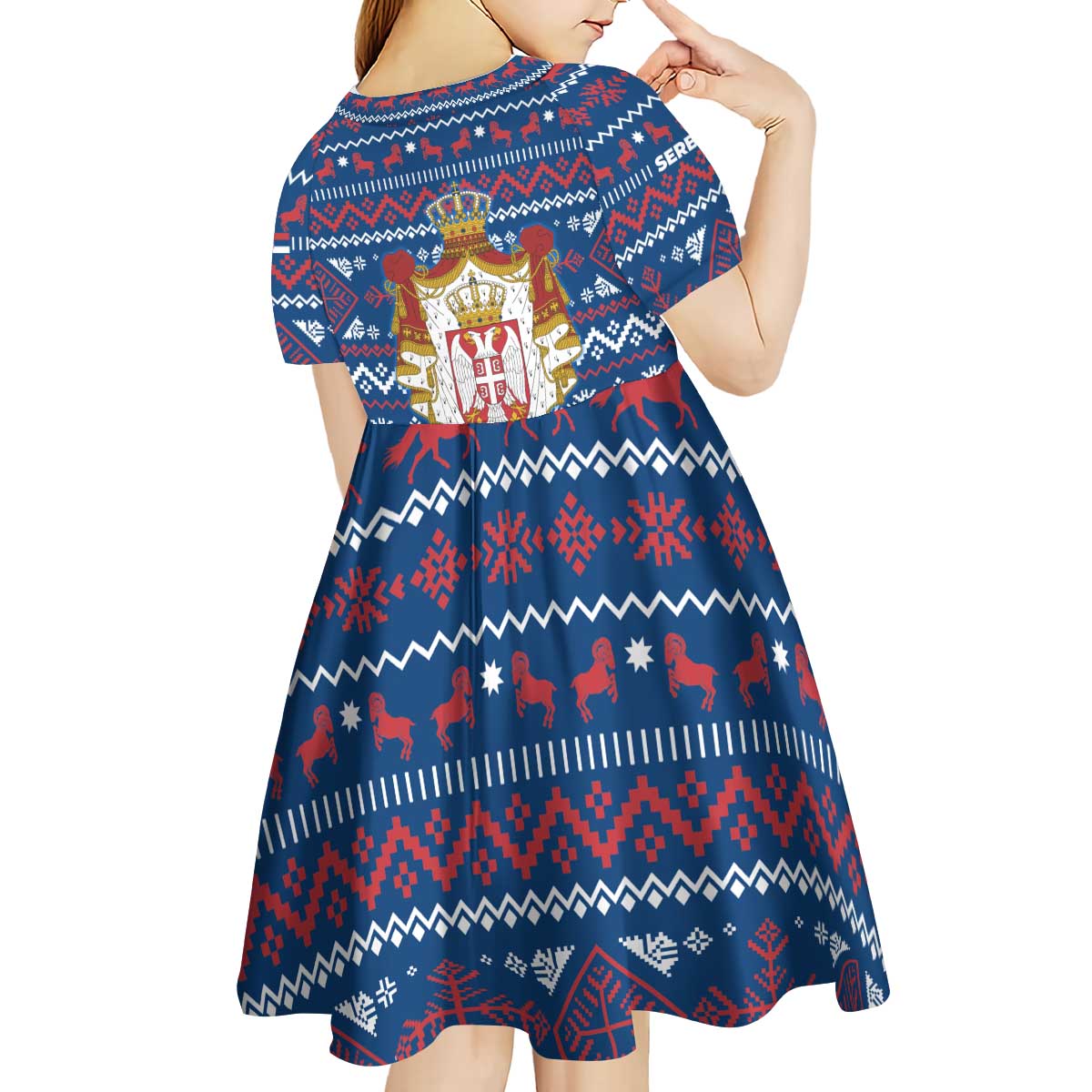 Serbia Christmas Kid Short Sleeve Dress with Traditional Santa Eagle Serbian Coat of Arms and Blue Red White Folk Pattern Design - Wonder Print Shop