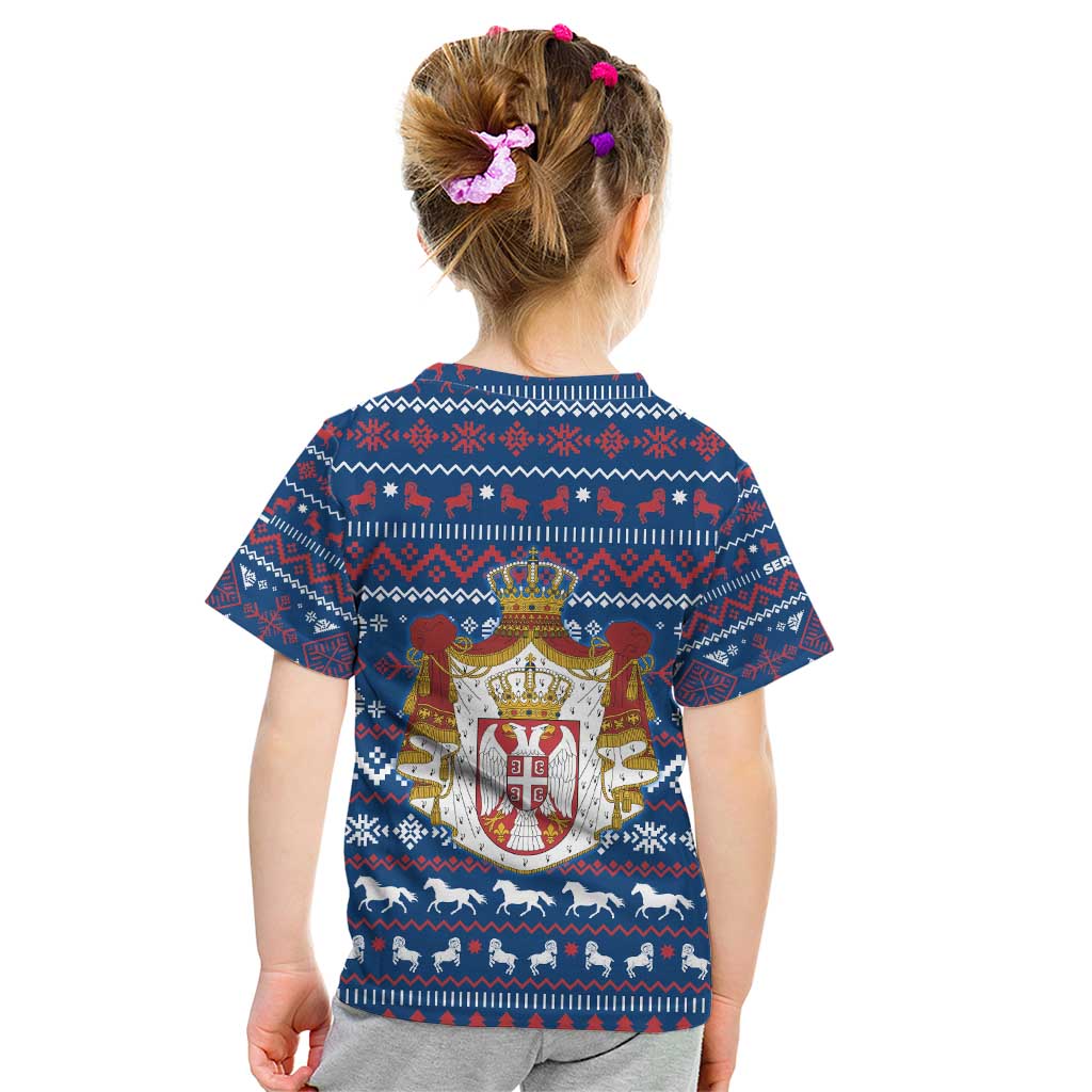Serbia Christmas Kid T Shirt with Traditional Santa Eagle Serbian Coat of Arms and Blue Red White Folk Pattern Design - Wonder Print Shop
