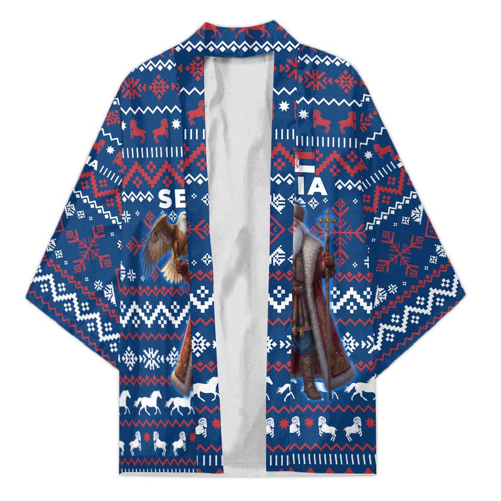 Serbia Christmas Kimono with Traditional Santa Eagle Serbian Coat of Arms and Blue Red White Folk Pattern Design - Wonder Print Shop
