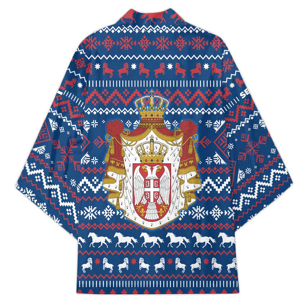 Serbia Christmas Kimono with Traditional Santa Eagle Serbian Coat of Arms and Blue Red White Folk Pattern Design - Wonder Print Shop